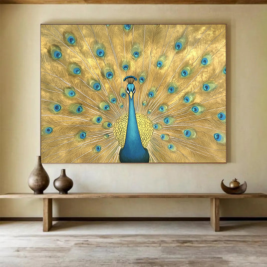 “Golden Peacock Display” - Gold, Blue, Green, Ornate Animal Painting On Canvas HB0687