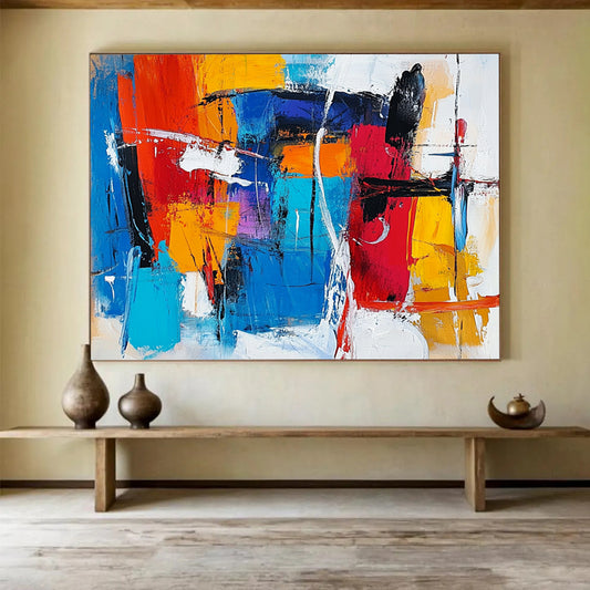 “Vibrant Abstract Expressionist” - Red, blue, yellow, orange, white; Bold abstract expressionist brushstrokes; Acrylic Painting On Canvas HB1239