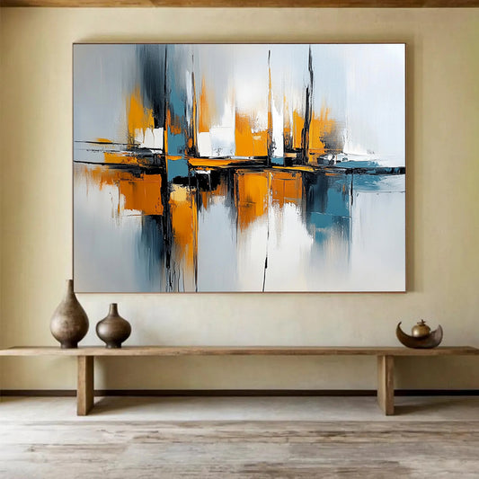 “Harbor Impressions” - Orange, Blue, Gray, Abstract Boats Painting On Canvas HB1038