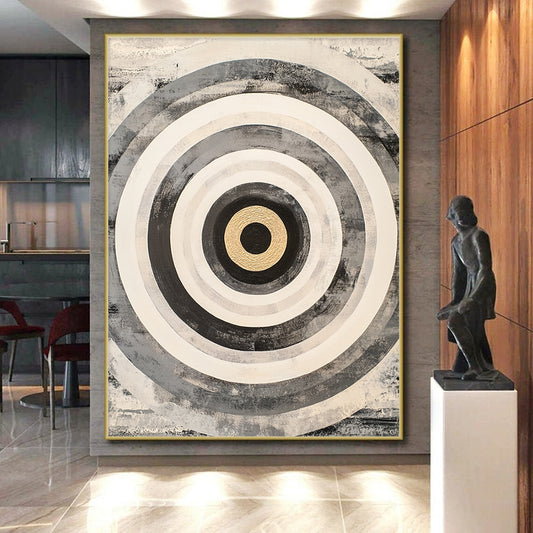 Black, White, Gray and Gold Concentric Circles "Subtle Vortex" Painting On Canvas HB382