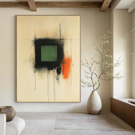 Contemporary abstract artwork features soft black ink lines with a central green square and warm strokes of brown and orange evoking serenity and contemplation. DLZ1465