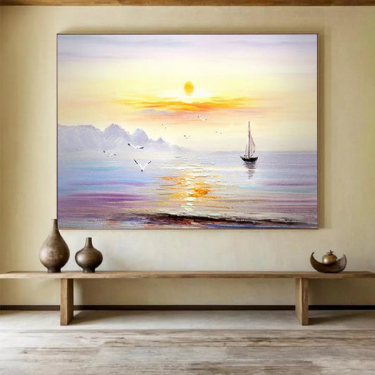 Sunset Sea Sailboat Oil Painting - Large Coastal Living Room Art DLZ181