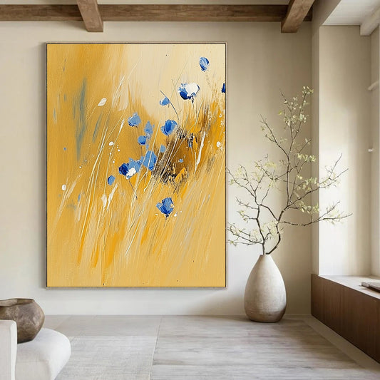 Contemporary abstract painting featuring tall grass and blue wildflowers, warm yellow tones, and light blues, evoking a minimalist vintage aesthetic reminiscent of Cuno Amiet. DLZ0491