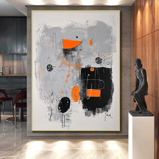 Black, Gray, Orange and White Abstract Fusion "Creative Spark" Painting On Canvas HB328