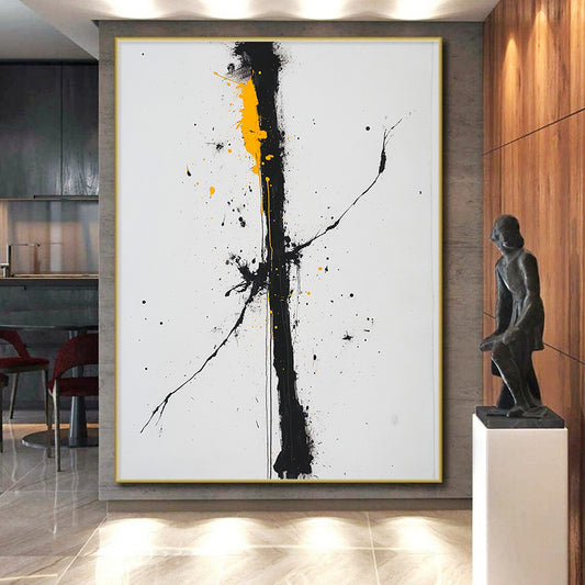 Black, White, Gray, Yellow, Bold Vertical Drip "Sunlit Chaos" Abstract Expressionist Painting On Canvas HB068