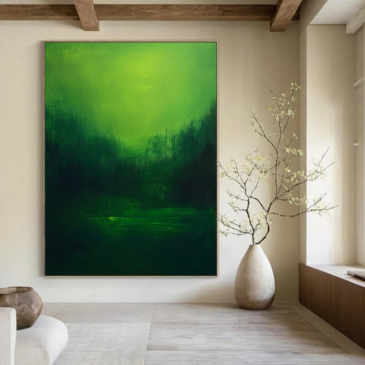 Contemporary abstract art featuring a textured green landscape with blurred edges and deep colors against a dark background for a minimalist aesthetic. DLZ0393