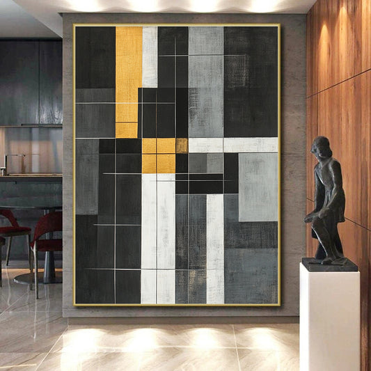 Black, White, Gold, Gray, Geometric Grid "Gilded Geometric Web" Abstract Neo - Plasticist Painting On Canvas HB163