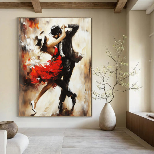 Vibrant contemporary abstract art capturing tango dancers in flowing movements with expressive brush strokes and a dynamic composition in cool tones. DLZ1114