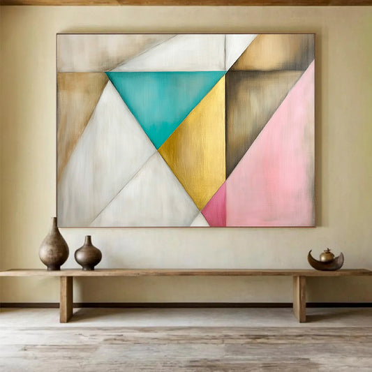 “Colorful Geometric Triangles” - Beige, Teal, Gold, Pink, Geometric Abstract Painting On Canvas HB0679