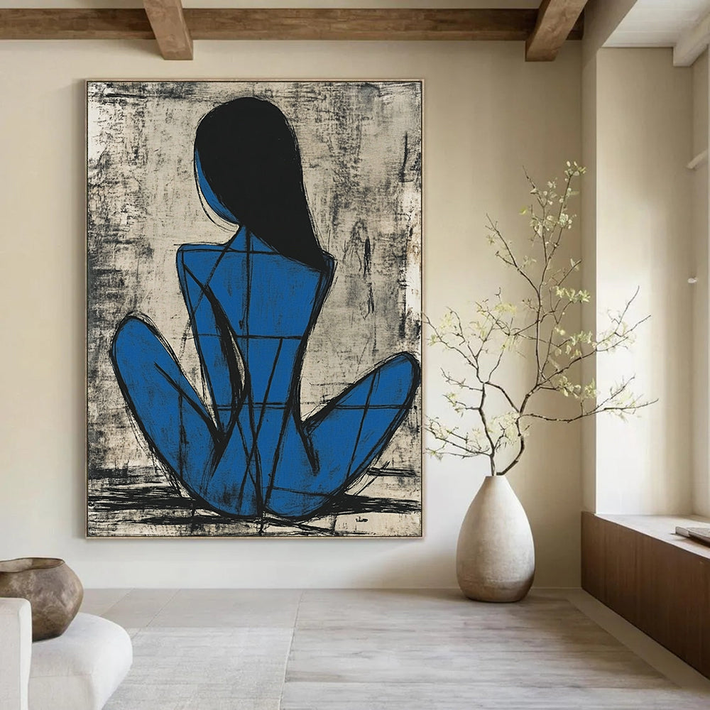 Contemporary abstract painting featuring a blue female figure in Picasso style sitting gracefully with thick lines and simple shapes on a grayish-blue background. DLZ1156