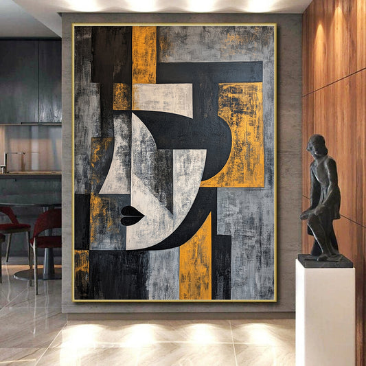 Gray, Black, White and Yellow Cubist Portrait "Abstract Identity" Painting On Canvas HB373