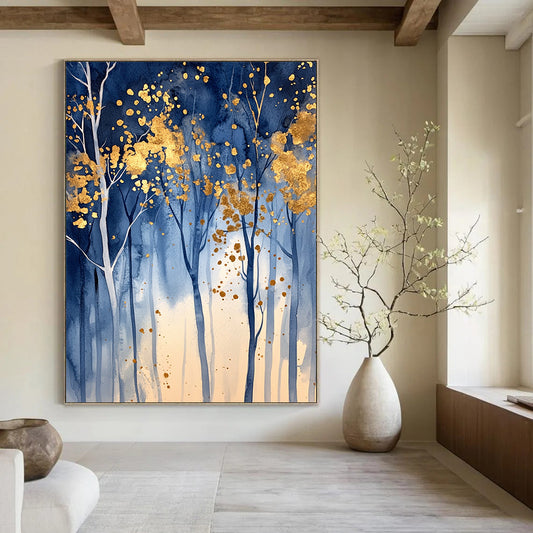 Contemporary hand-painted abstract artwork featuring an enchanted blue forest with golden leaf accents and soft lighting that evokes tranquility and magic. DLZ0326