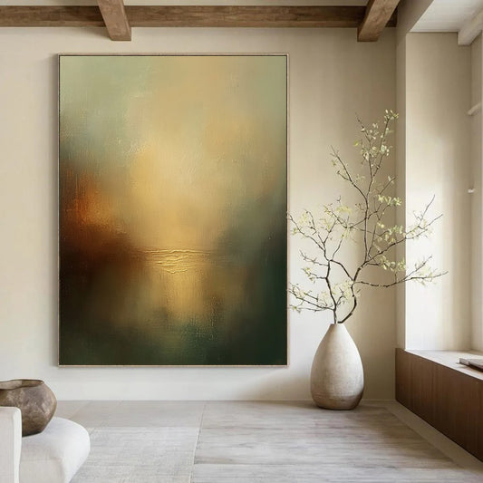 Contemporary abstract painting featuring a misty sky and tranquil water with muted colors creating an atmospheric ambiance. DLZ0474