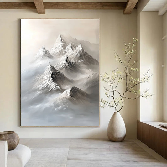 Abstract contemporary artwork featuring a large snow-capped mountain range in a minimalist gray palette with bold brushstrokes and ethereal fog. DLZ1289