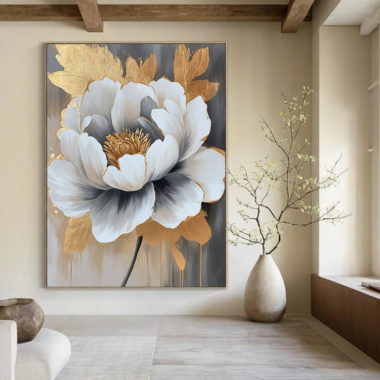 Contemporary hand-painted abstract artwork featuring a peony in gray and white with striking gold accents, perfect for modern decor. DLZ0782