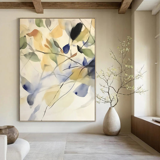 Large contemporary abstract watercolor painting featuring soft colors and gestural leaves swaying in the wind with a pale palette and subtle purple accents. DLZ1727
