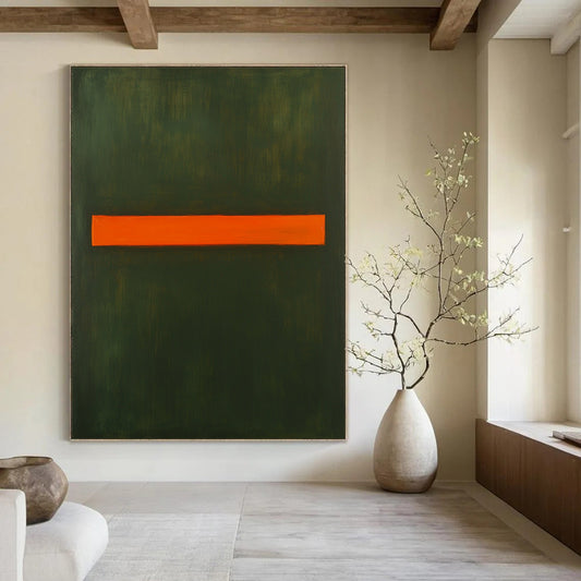 Contemporary hand-painted abstract art featuring a striking orange bar on a dark green background showcasing minimalist elegance and powerful color contrast. DLZ1639