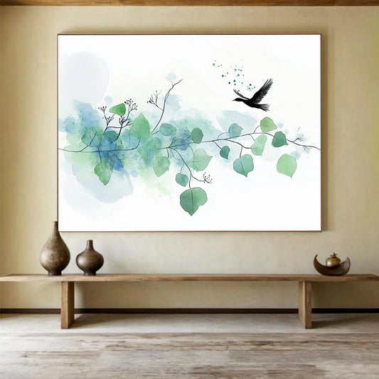 “Delicate Bird & Branches” - Green, Blue, Bird, Branches Painting On Canvas HB0762