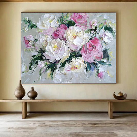 “Blush - Toned Peony Bouquet” - Soft Pinks, Whites, Greens, Textured Peony Flowers - Impasto Oil Painting HB1716