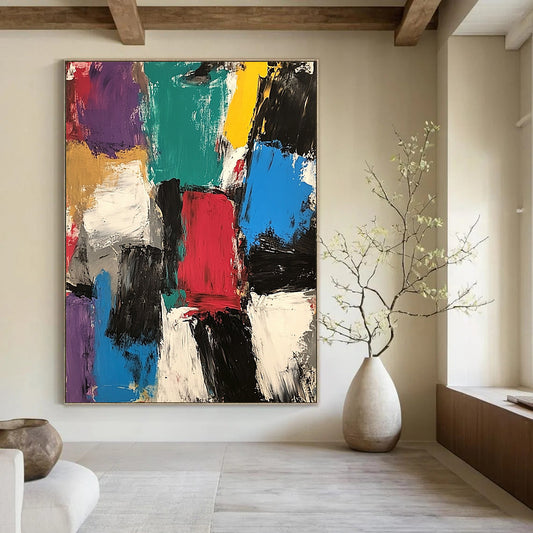 Large contemporary hand-painted abstract artwork featuring thick brush strokes and mixed media in vibrant colors, inspired by Jean Dubuffet's expressive style. DLZ0934