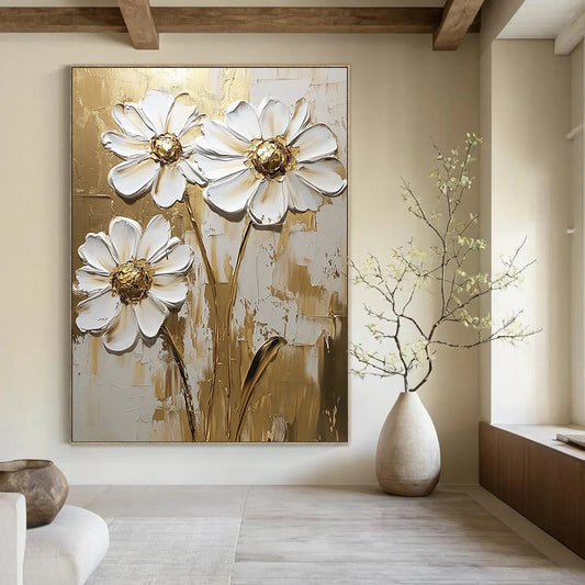 Contemporary hand-painted abstract art featuring white daisy flowers with gold accents on a textured background, perfect for modern decor. DLZ0820