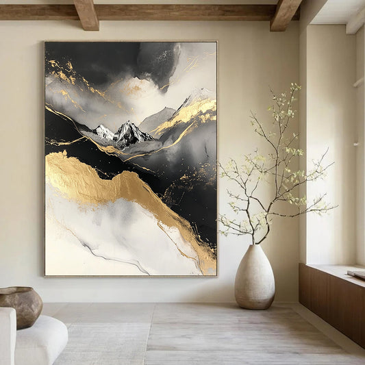 Contemporary abstract painting featuring a snowy mountain design with black and gold marble texture and grey accents on a white background. DLZ0272