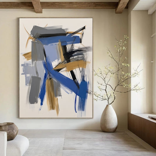 Contemporary abstract painting featuring bold blue and gold brushstrokes on white paper capturing dynamic architectural forms with expressive simplicity. DLZ0869