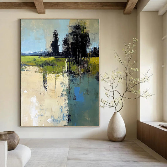Contemporary hand-painted abstract artwork featuring an Italian landscape with muted beige greens and blues in a minimalist style. DLZ0463