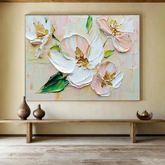 “Textured White - Pink Flowers with Gold Centers” - Impasto Floral Painting On Canvas HB0506