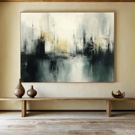 “Misty Urban Silhouette” - Gray, Black, White, Abstract Cityscape - Acrylic Painting HB1479