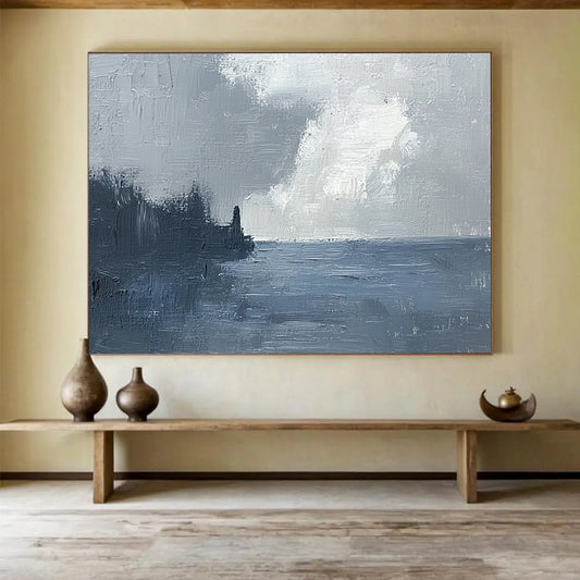 “Coastal Mist” - Muted grays, whites, deep blues; Stormy sky, sea, dark coastline; Atmospheric Seascape Painting On Canvas HB1148