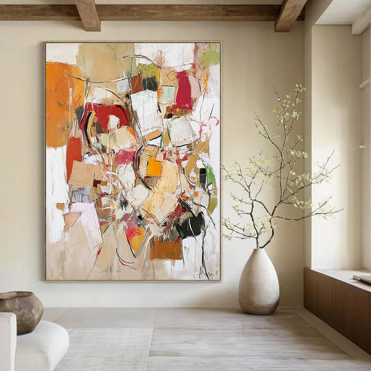 Contemporary abstract painting conveying life's chaos with textured elements in neutral tones of red, yellow, green, white, brown, and beige. DLZ1000