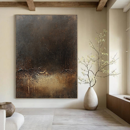 Contemporary abstract canvas art featuring a dark brown textured background subtle golden line and signs of wear enhancing its unique character. DLZ1571