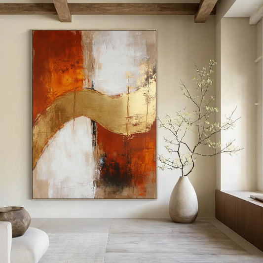 Large contemporary hand-painted abstract artwork featuring beige and rust hues, elegantly accented with gold details. DLZ0726