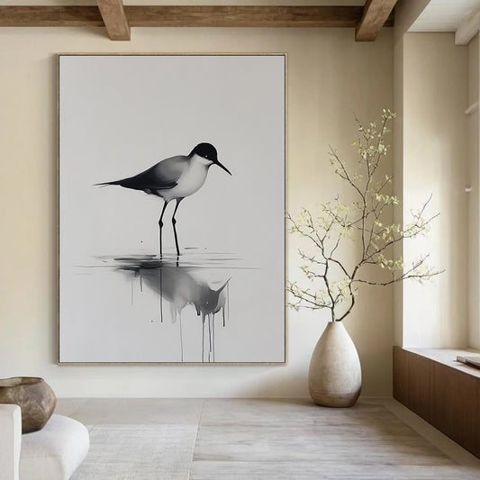 Contemporary hand-painted abstract art features a minimalist bird walking on water with reflections and ripples on a neutral background. DLZ1144
