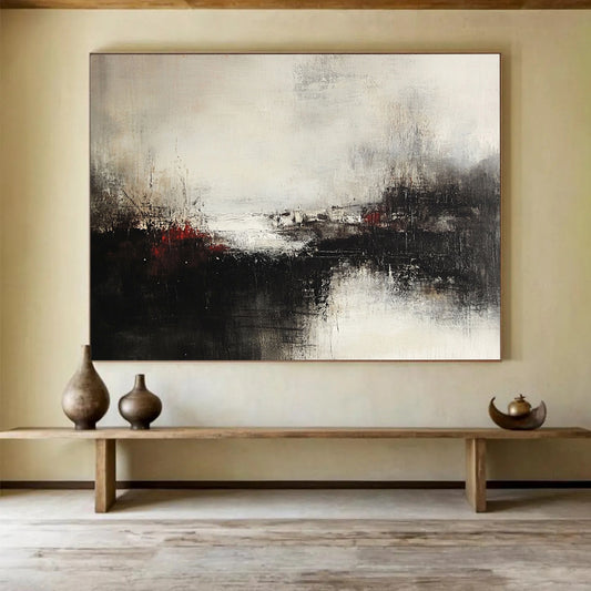 Black, White, and Red Abstract Landscape - “Moody Terrain” Painting On Canvas HB1450
