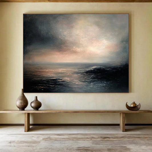 “Moody Dusk over the Ocean” - Greys, Pinks, Blues, Dramatic Sea - Scape - Romantic Oil Painting HB1561