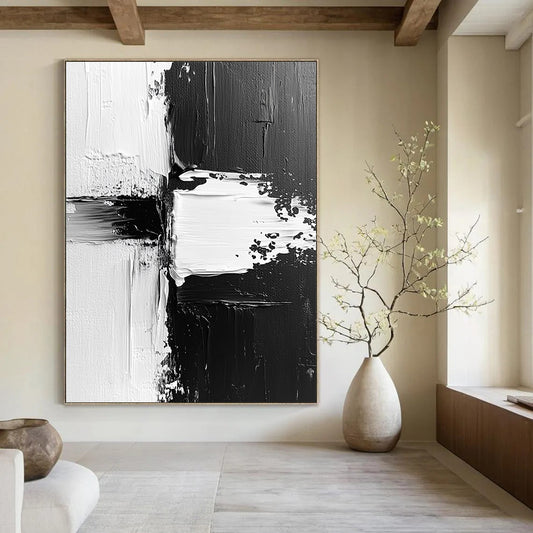 Contemporary abstract painting features dynamic black and white textures with expressive brush strokes and vibrant paint splashes on canvas. DLZ0309