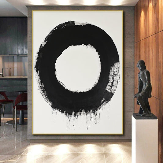Black and White Bold Circle "Zen Simplicity" Painting On Canvas HB262