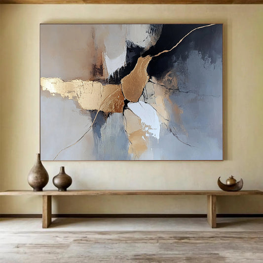 “Gold - Accented Abstract Forms” - Gold, Gray, White, Abstract Forms Painting On Canvas HB0995