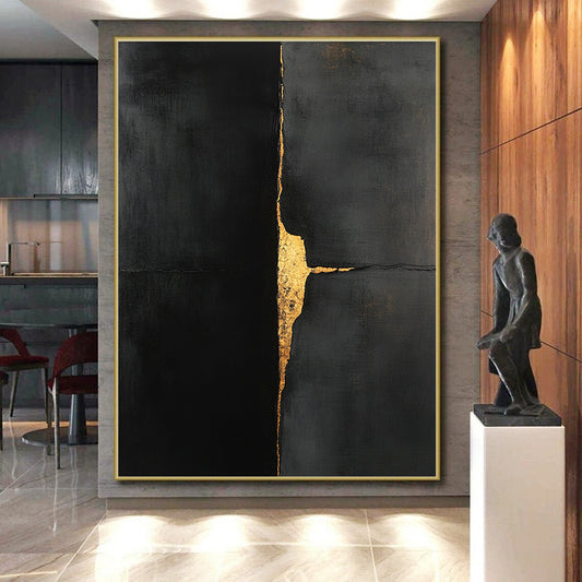 Black, Gold, Cracked Surface "Golden Fissure" Abstract Expressionist Painting On Canvas HB115