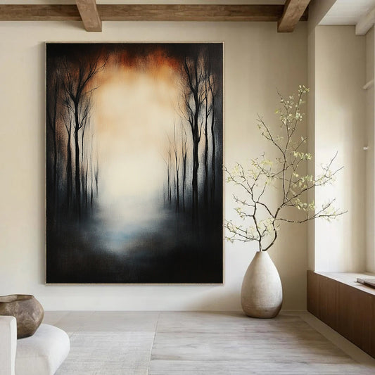 Large contemporary hand-painted abstract artwork featuring a forest of dead trees under eerie fog with a glowing sky and a mysterious blurred effect. DLZ1264