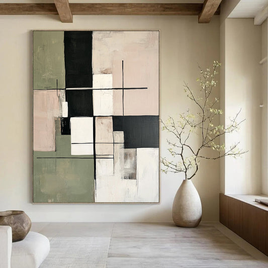 Large contemporary hand-painted abstract artwork featuring soft sage green beige and white tones with geometric shapes and a minimalist black grid pattern. DLZ1060