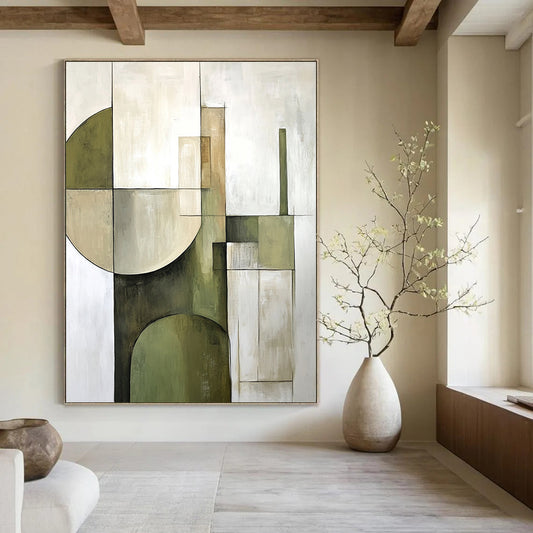 Large contemporary hand-painted abstract artwork featuring soft sage green and beige geometric shapes on a white background for modern decor enthusiasts. DLZ1059