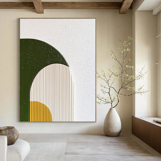 Contemporary hand-painted abstract wall art features organic shapes in green and yellow on a textured background with soft gradients and minimalist design. DLZ1235