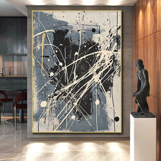 Gray, Black, White, Gold, Intricate Splatters "Gilded Galaxy" Abstract Pollock - Inspired Painting On Canvas HB053