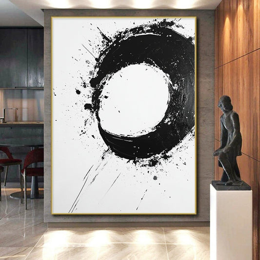 Black Splattered Circular Ink - “Expressive Enso Mark” Painting On Canvas HB232