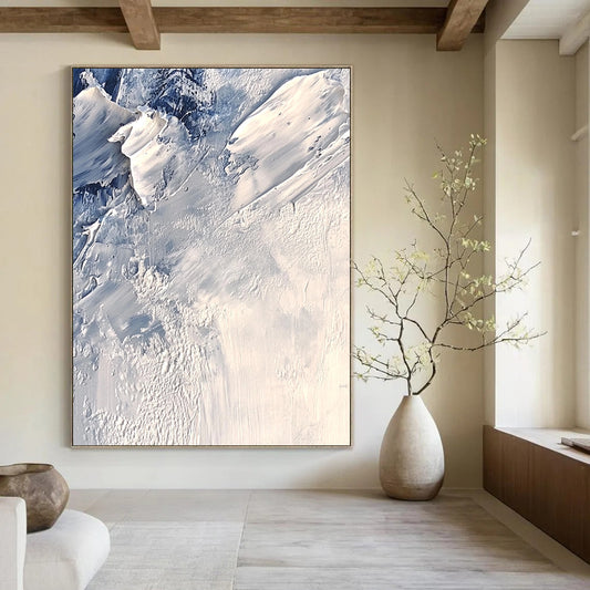 Contemporary abstract artwork features textured ice layers in shades of white and gray, evoking a cold atmosphere with intricate impasto details. DLZ0805