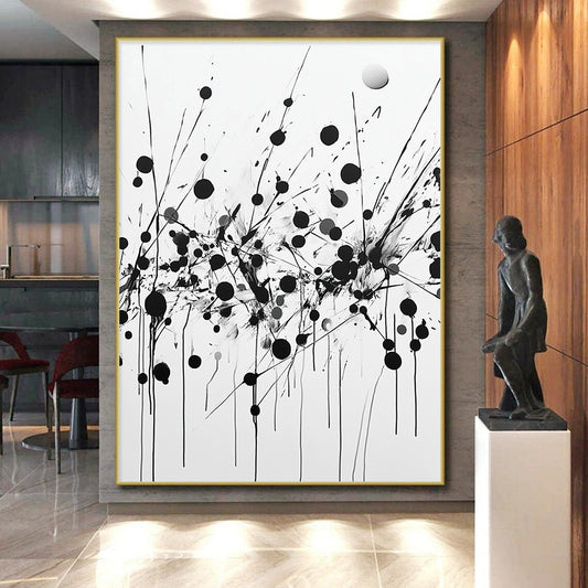 Black Dots, Lines & Splatters on White - “Dynamic Ink Chaos” Painting On Canvas HB224