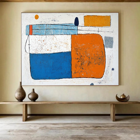 “Colorful Geometric Abstract” - Blue, orange, white, gray, yellow; Colorful geometric abstract shapes; Acrylic Painting On Canvas HB1255